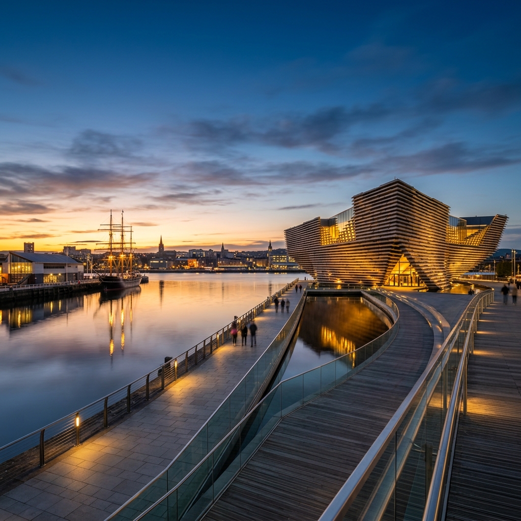 Illuminated V&A Dundee and Waterfront at dusk